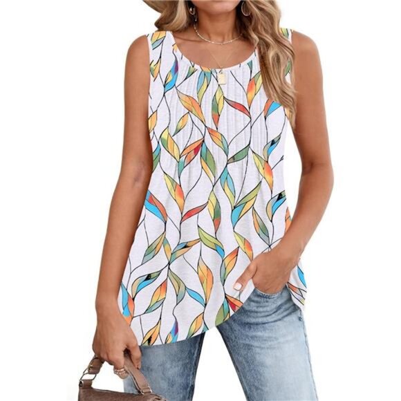 Women's Summer Tank Tops 2025 Pleated Crew Neck Floral Solid Loose Fit - Picture 1 of 6